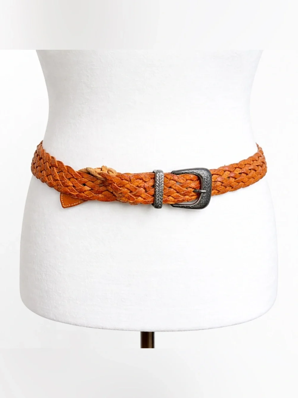 Vintage Braided Genuine Leather Belt - Tan size large Silver accents